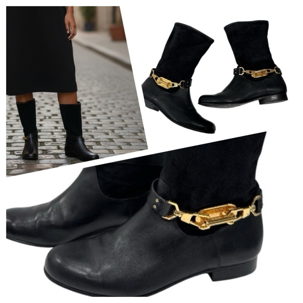 Rachel Zoe Black Leather Boots with Gold Accent size 7 - Picture 3 of 16